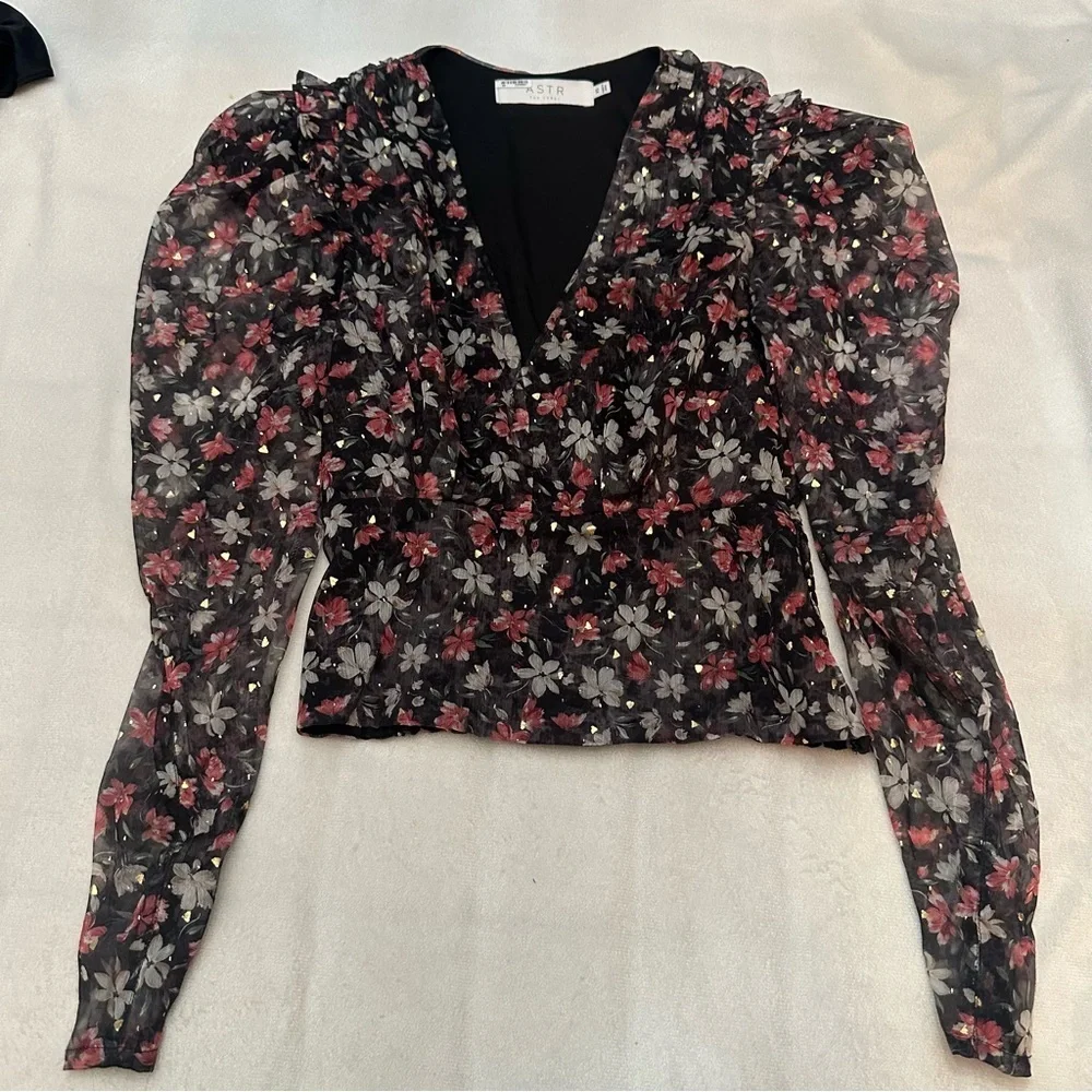 Astr Beverly Fuchsia Gold Floral Sheer Blouse XS 51552